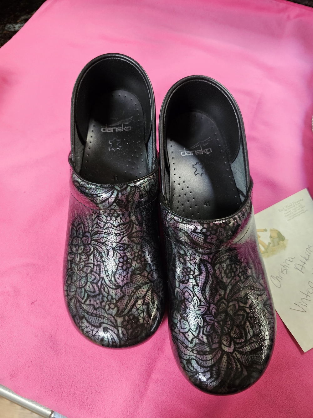 Dansko Women’s Embossed Floral Clog — Iridescent Black/Purple Size 41
